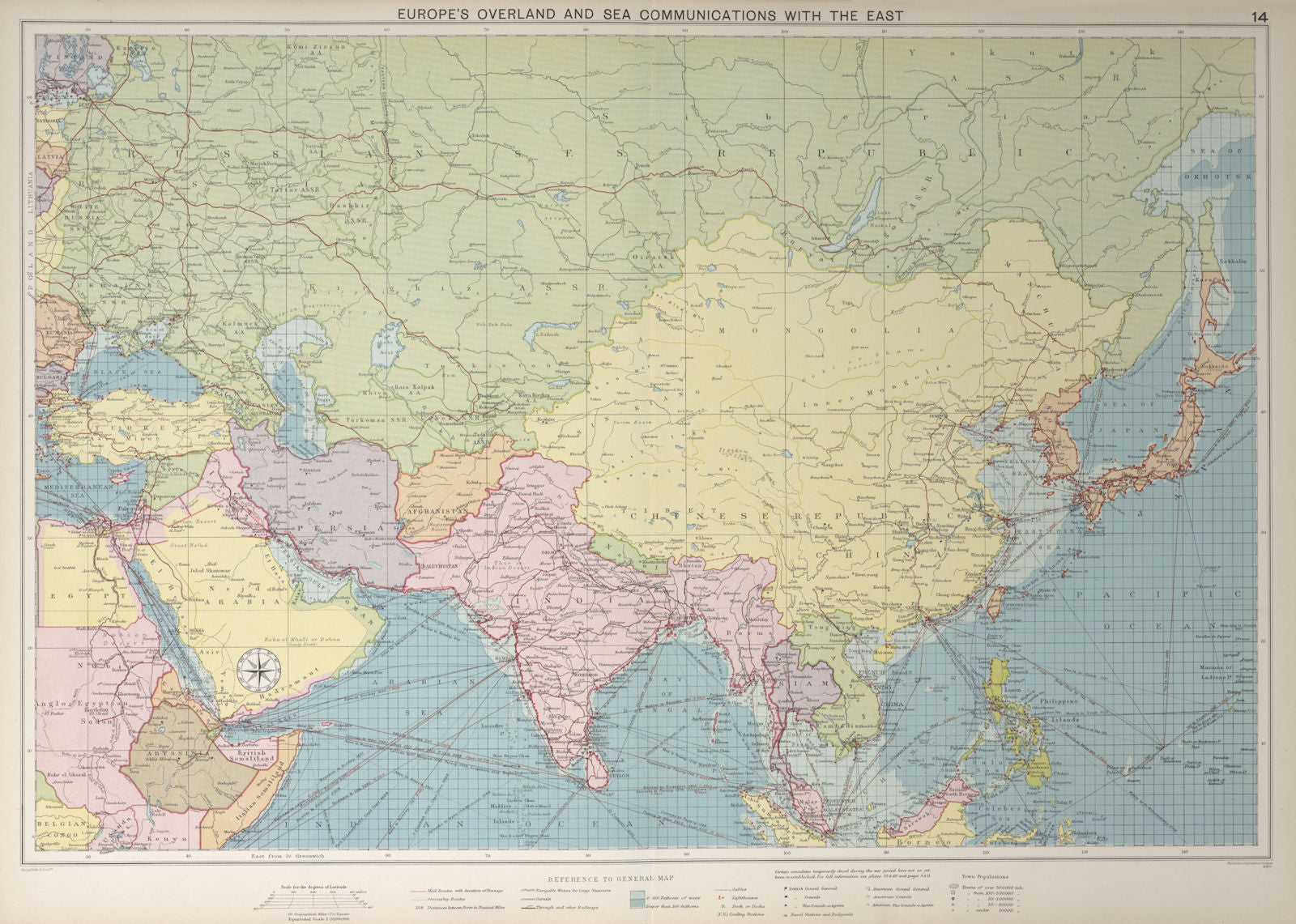 Europe's Overland & Sea Communications with Asia. Chart. LARGE 1927 old map